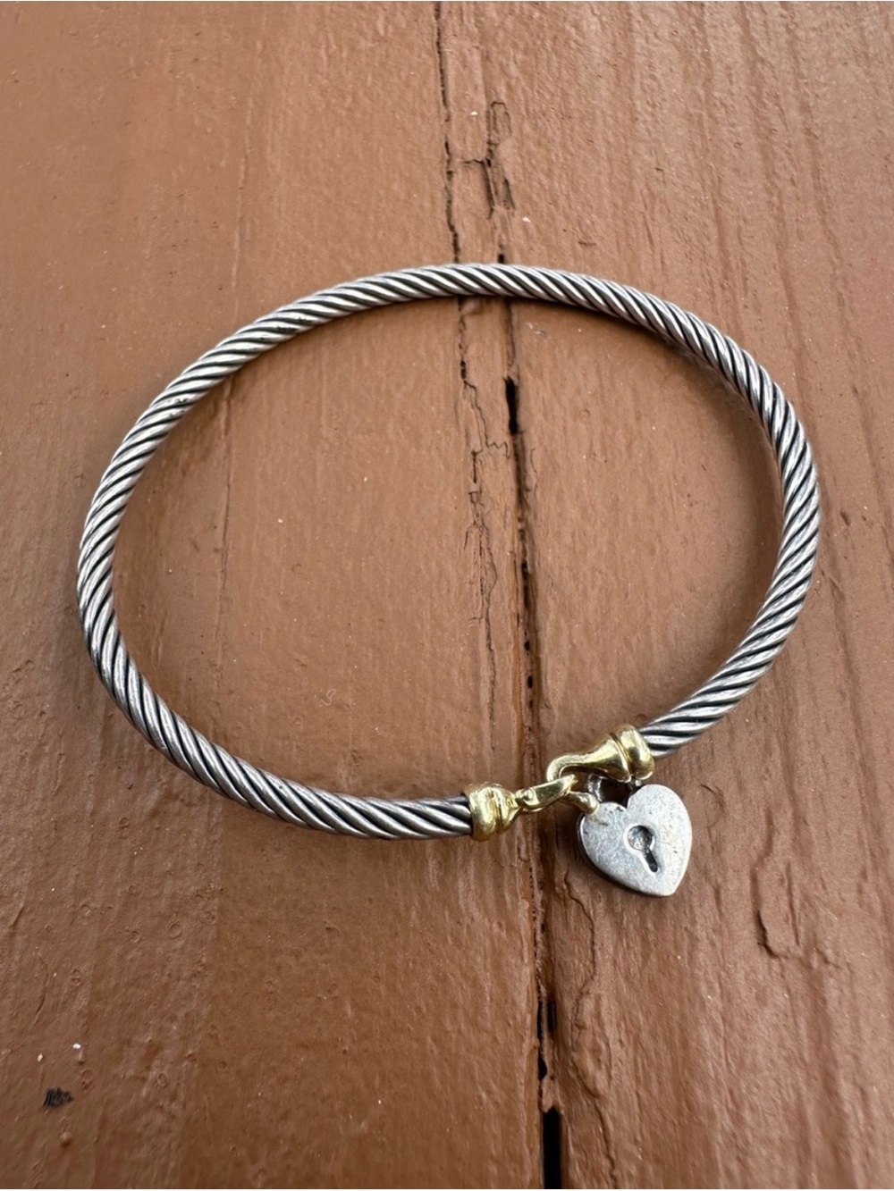 David Yurman 3mm Cable Collectibles Heart Padlock Bracelet 925 Silver 18k Gold